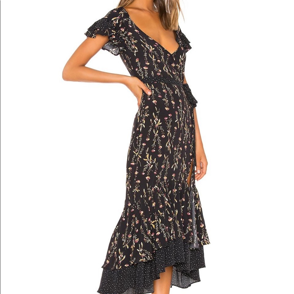 LIKELY | Melanie Belted Floral Ruffle Midi Dress